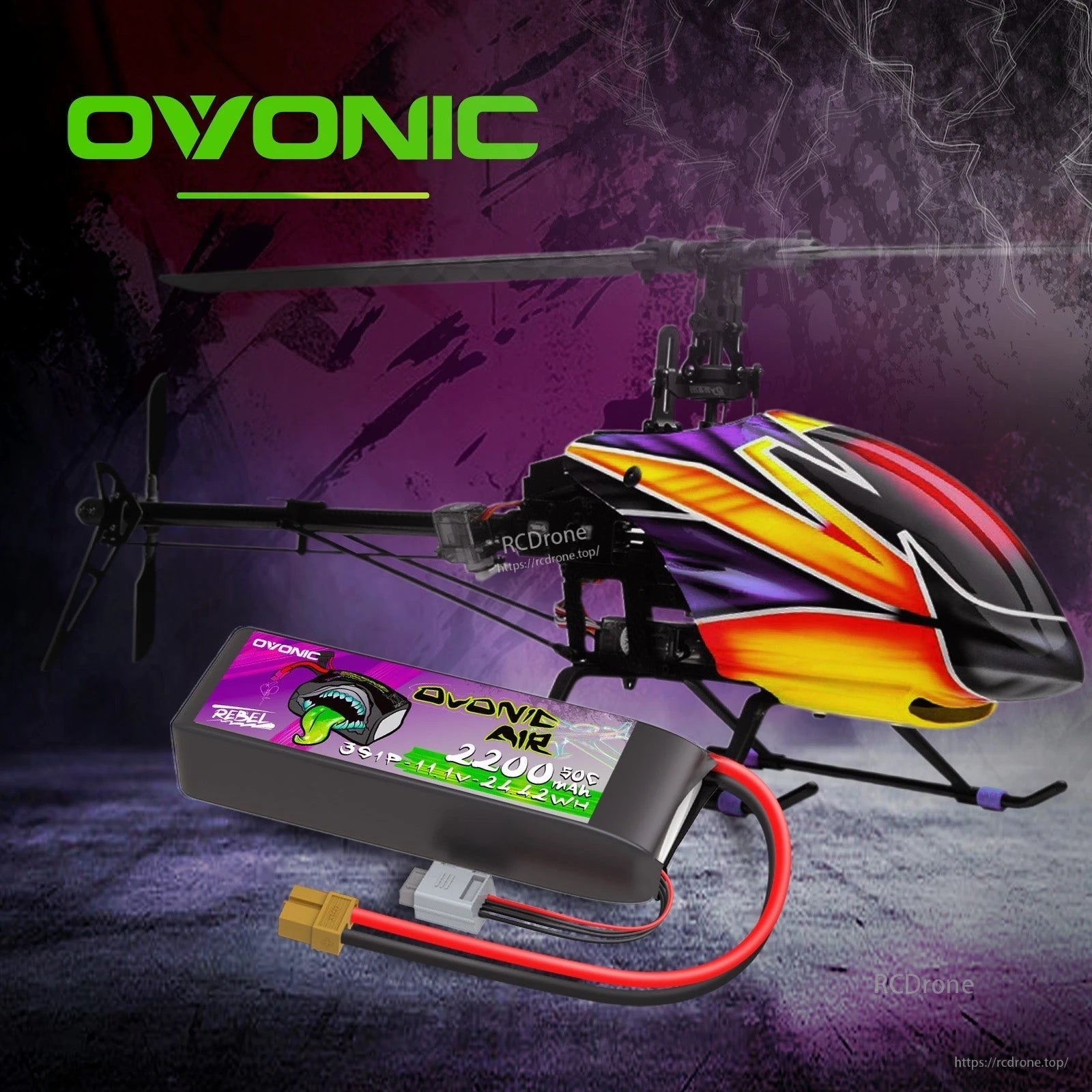 Ovonic Rebel 2.0 LiPo battery pictured with an RC helicopter to illustrate general RC power compatibility with XT60 connector