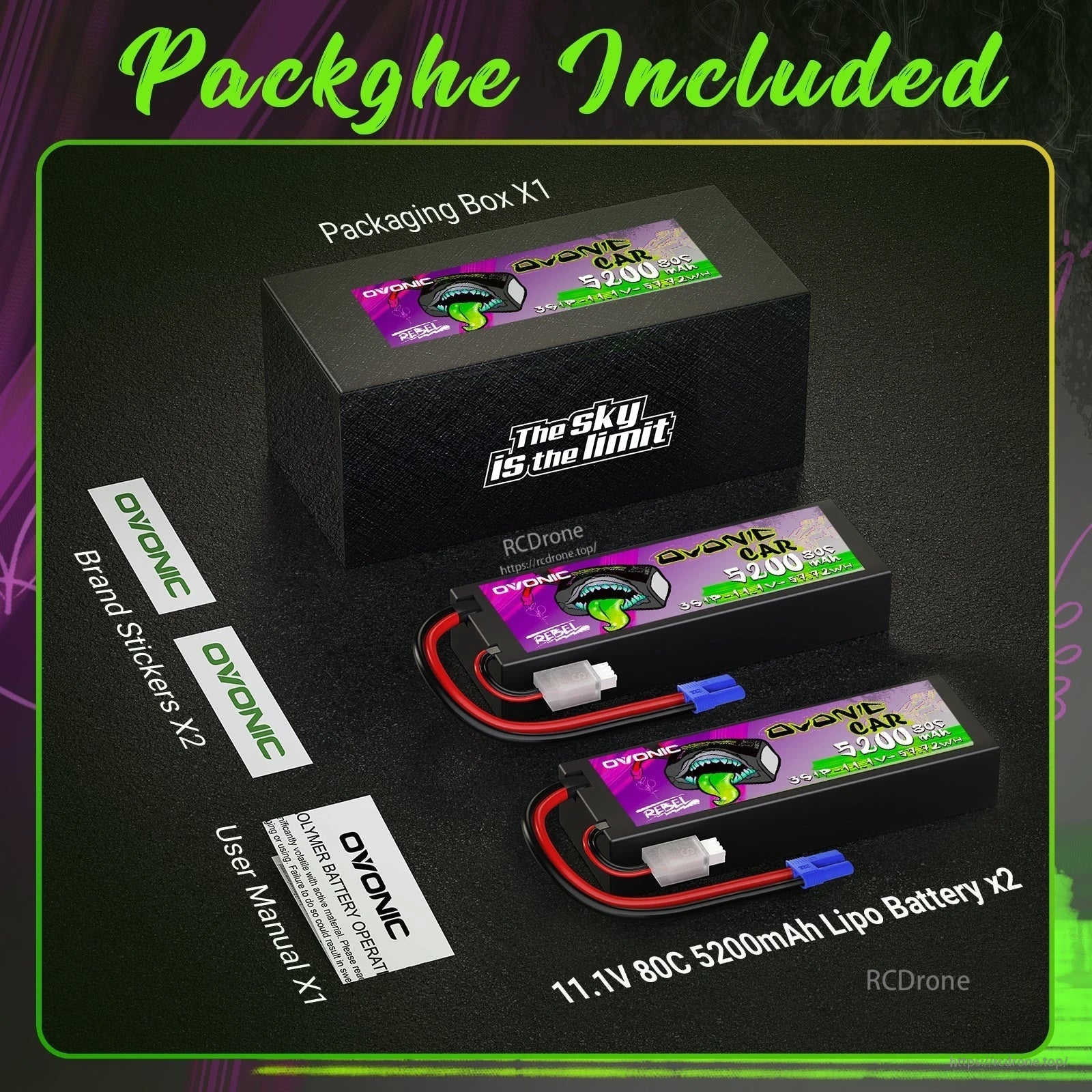 Package contents: two Ovonic Rebel 2.0 11.1V 5200mAh 80C hardcase LiPo batteries, manual, stickers, box