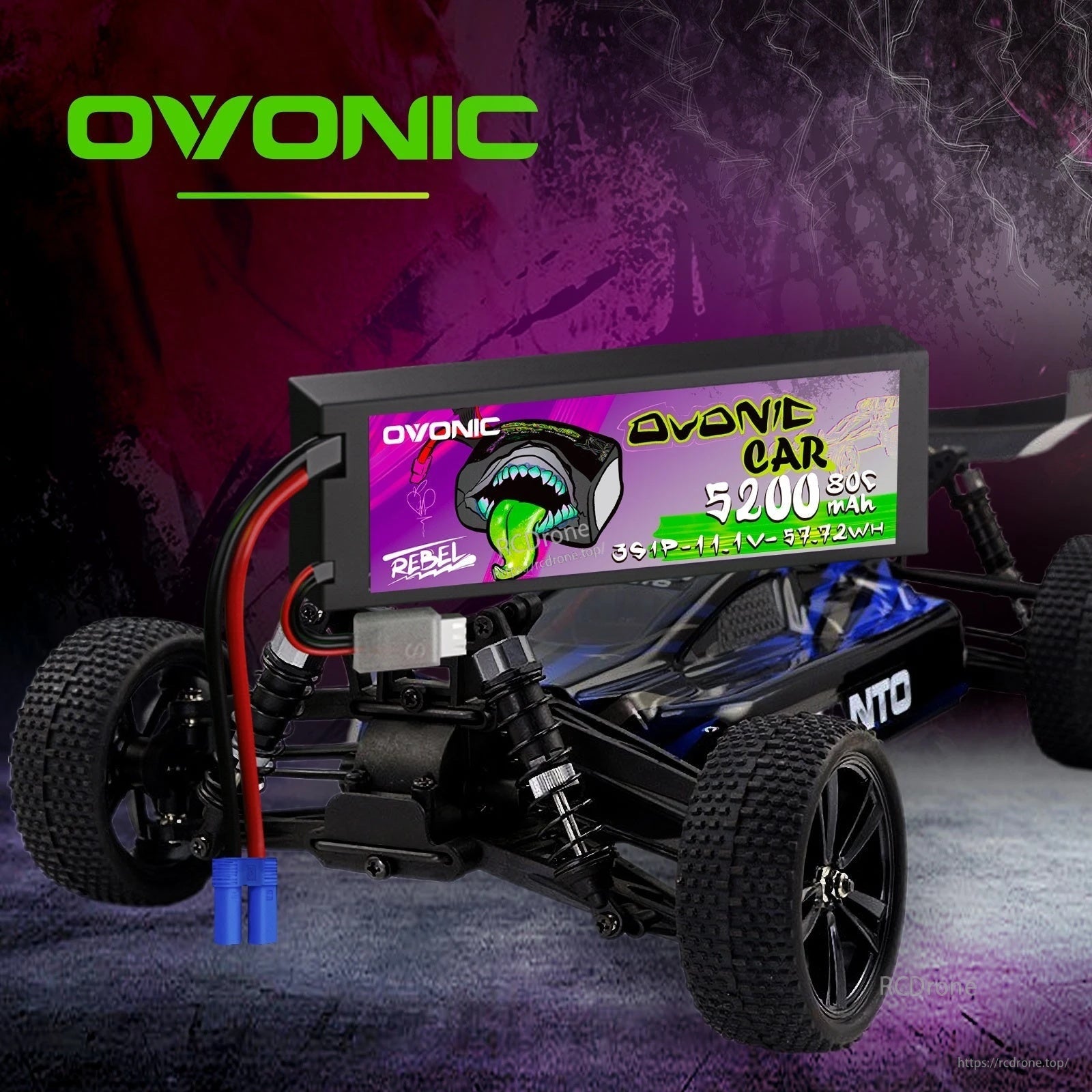 Ovonic Rebel 2.0 3S 5200mAh hardcase LiPo installed on an RC car, highlighting fitment and EC5 connector
