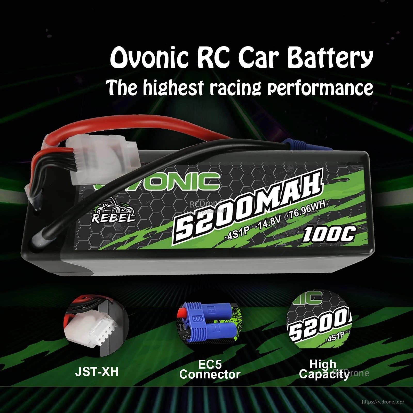 Ovonic Rebel 4S 5200mAh 100C 14.8V hardcase LiPo battery with EC5 and JST-XH leads (feature graphic)