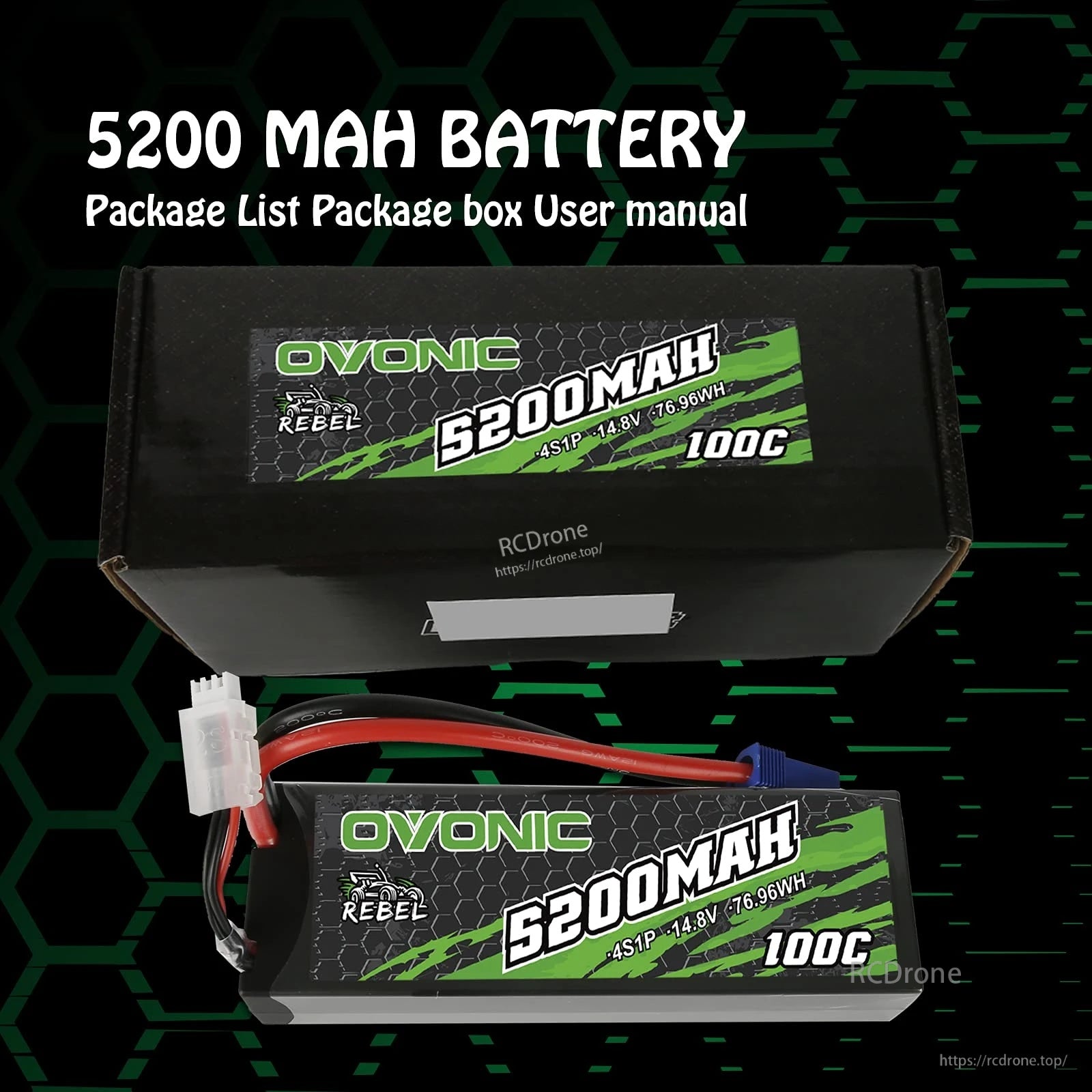 Package contents with Ovonic Rebel 5200mAh 4S 100C battery and retail box