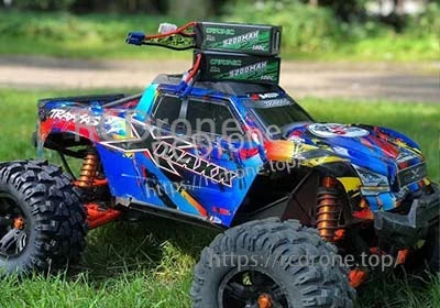 Arrma-style 1/8 RC truck with Ovonic Rebel 4S 5200mAh LiPo packs strapped on top