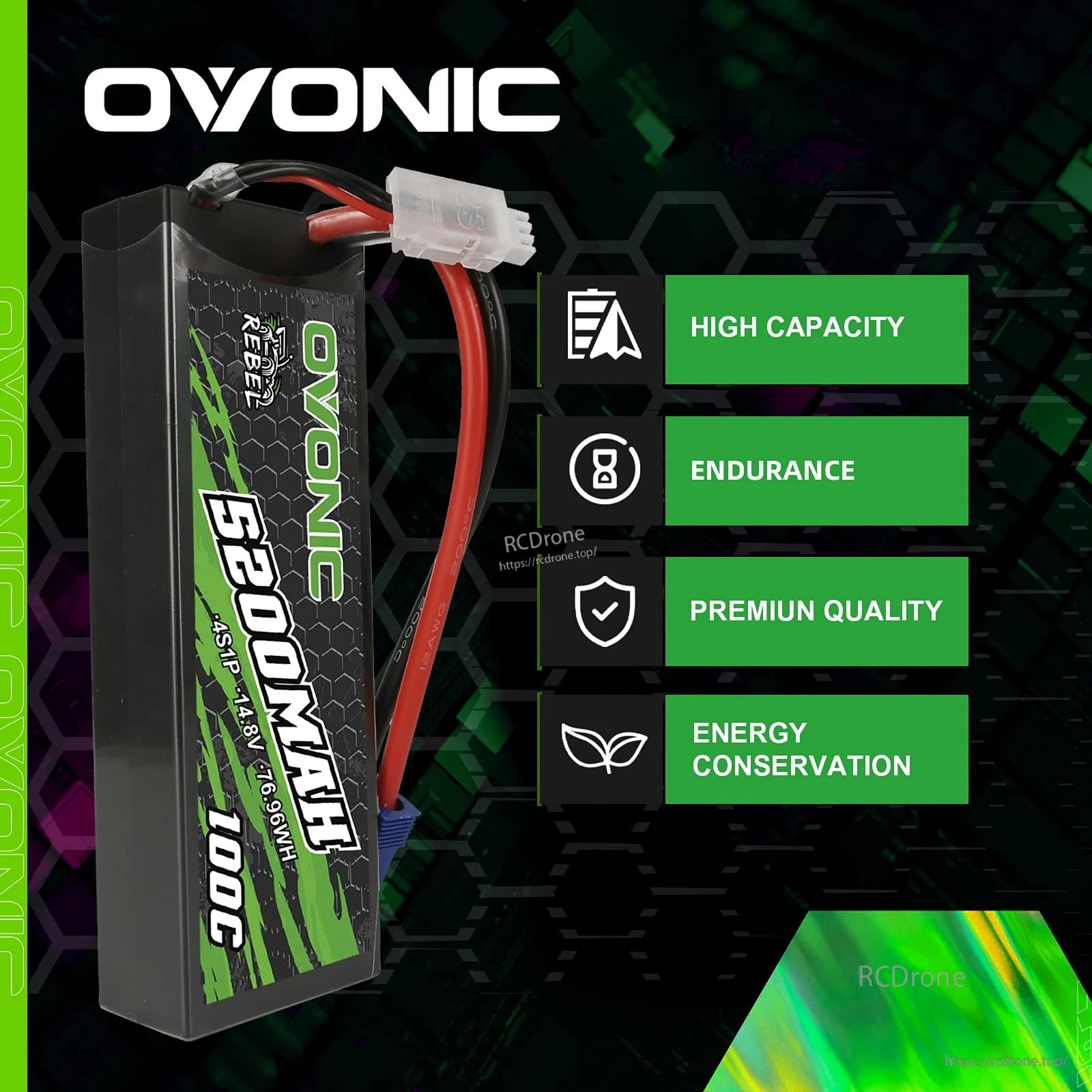 Ovonic Rebel 5200mAh 4S hardcase LiPo battery side profile with balance lead and power wires