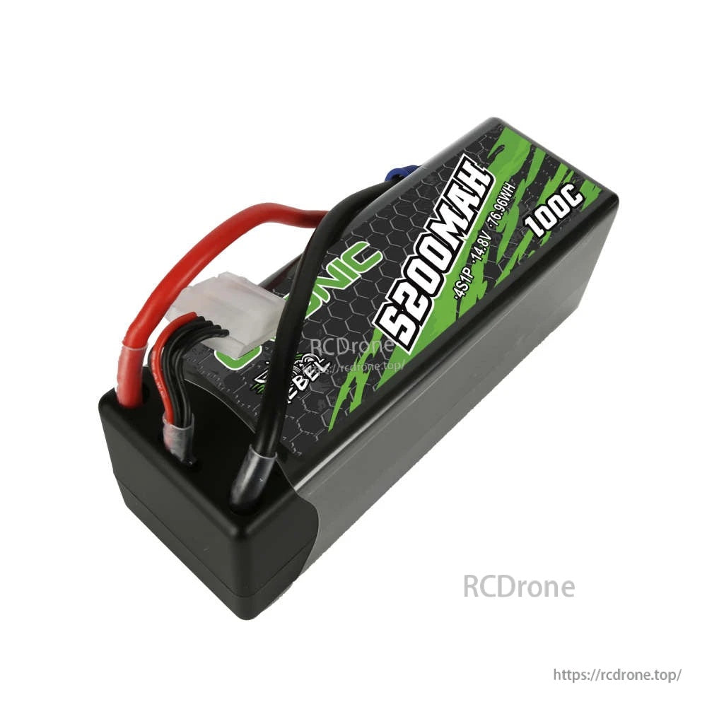 Rear angled view of Ovonic Rebel 4S hardcase LiPo battery showing lead routing and hardcase end cap