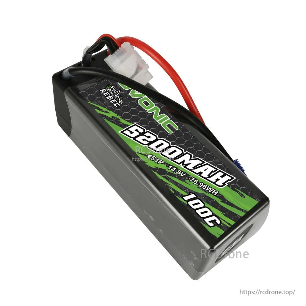 Angled view of Ovonic Rebel 5200mAh 4S hardcase LiPo showing 100C label and wire exit