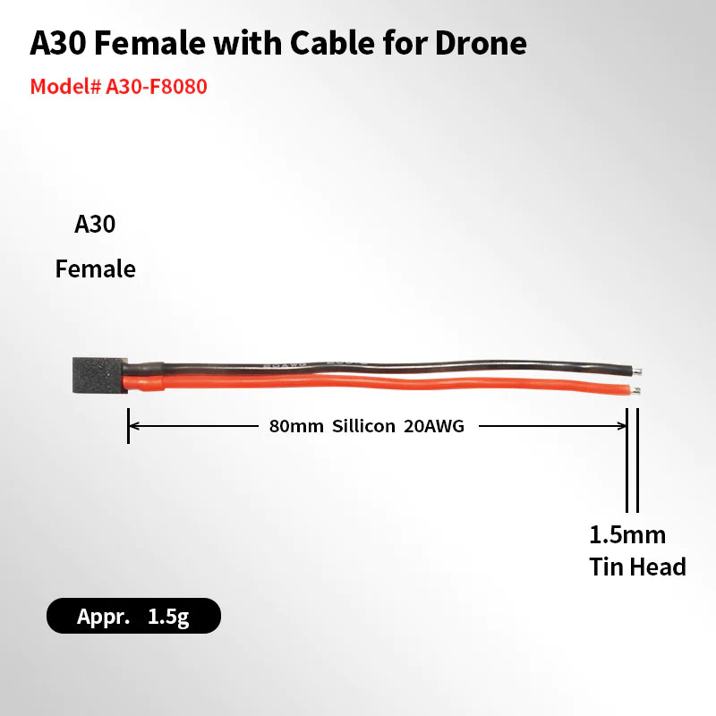 A30 female connector pigtail with 80mm 20AWG silicone leads and 1.5mm tinned wire ends