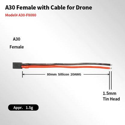 A30 female connector pigtail with 80mm 20AWG silicone leads and 1.5mm tinned wire ends