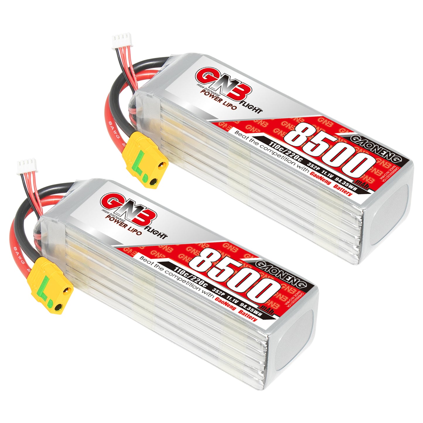 Two GAONENG GNB 8500mAh LiPo battery packs shown at angle with yellow XT90-style connectors