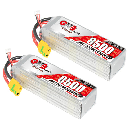 Two GAONENG GNB 8500mAh LiPo battery packs shown at angle with yellow XT90-style connectors