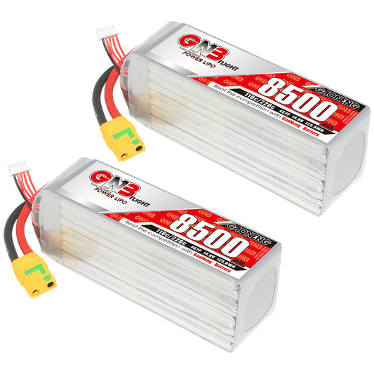 GAONENG GNB85004S110A 4S 8500mAh LiPo battery with XT90S anti-spark plug, two-pack view