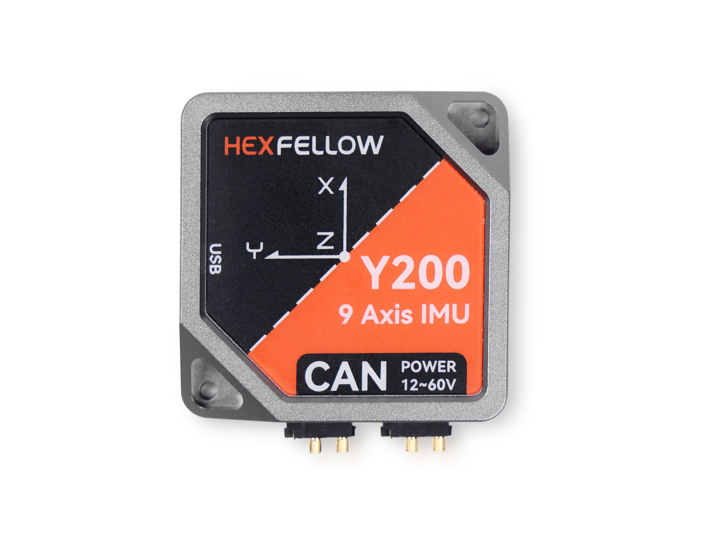 Hexfellow Y200: 9-axis IMU, CAN/USB, 12–60V, 200 Hz, -20℃~85℃, compact 60×60×15 mm design.