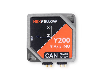 Hexfellow Y200: 9-axis IMU, CAN/USB, 12–60V, 200 Hz, -20℃~85℃, compact 60×60×15 mm design.