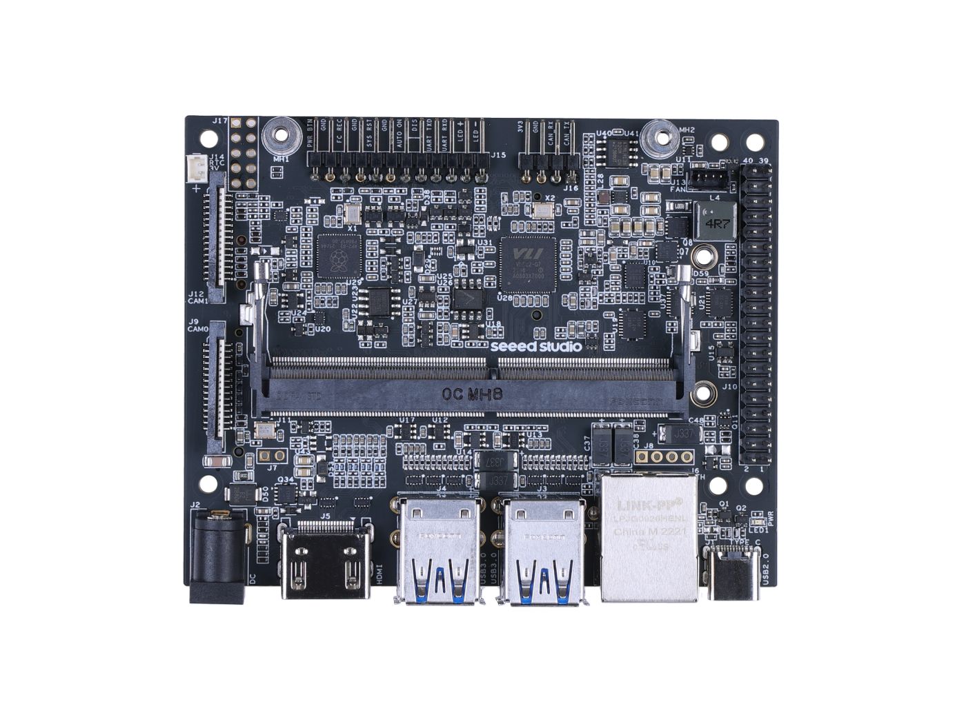 reComputer J401 open‑source carrier board for Jetson Orin Nano/Orin NX with GbE, 4x USB 3.2, M.2 M/E, HDMI 2.1, 12V/5A