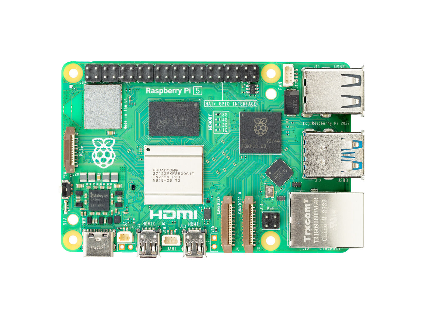 Raspberry Pi 5: 8GB RAM, Cortex-A76, VideoCore VII, dual 4Kp60, Wi-Fi ac, BT 5.0, PCIe, GbE, HDMI, USB, Ethernet, GPIO, HAT+ interface, made in UK.