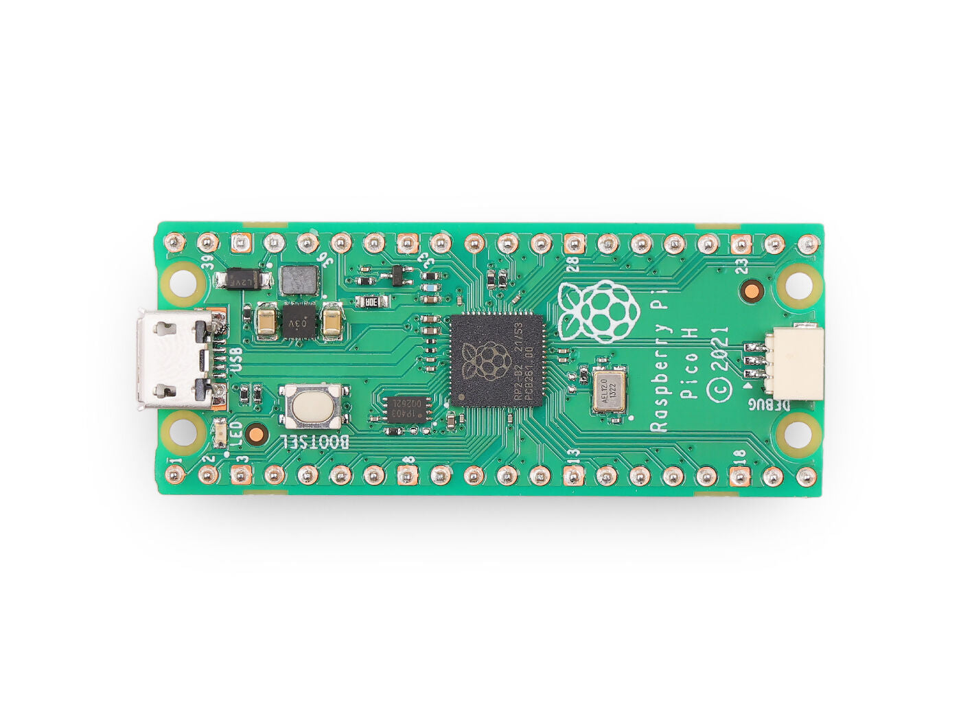 Raspberry Pi Pico H microcontroller board, RP2040, 26 GPIO, 2MB Flash, pre‑soldered headers, USB Type‑C