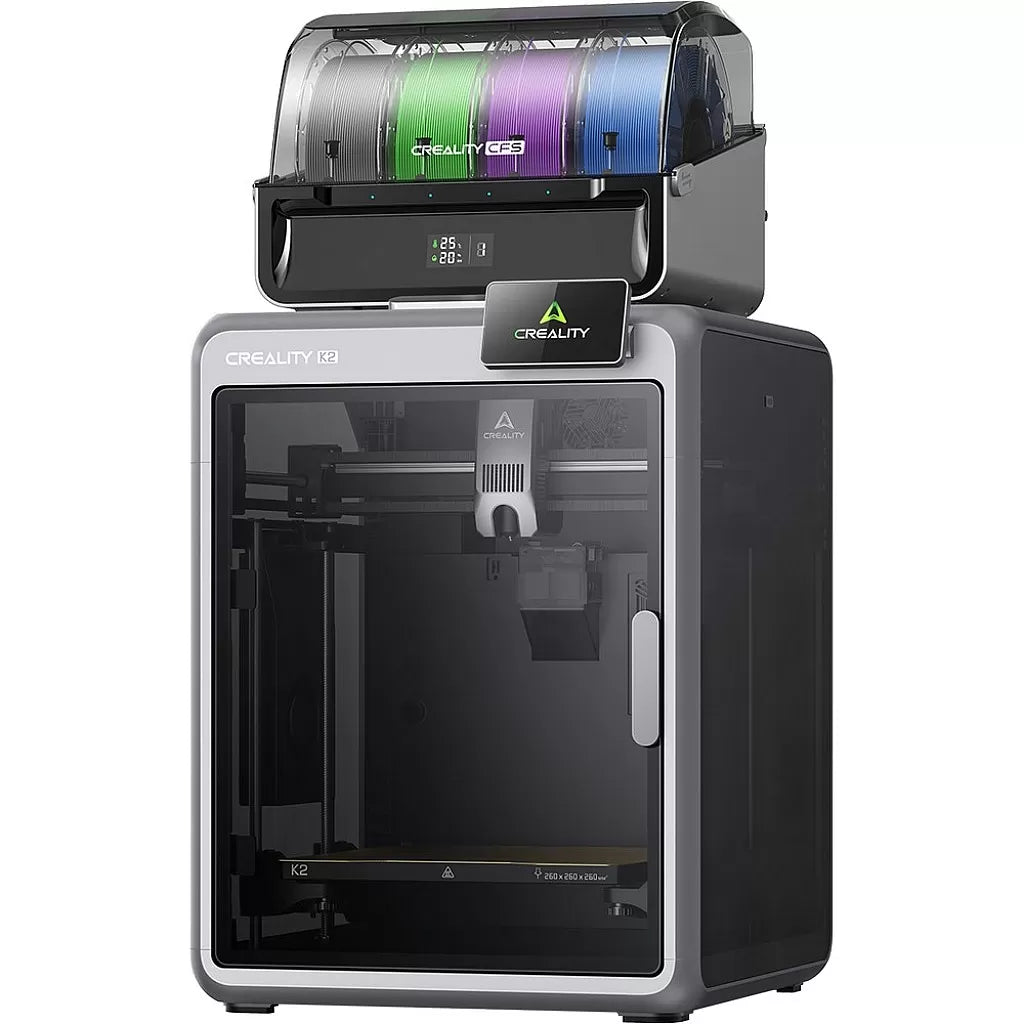 Creality K2 Combo 3D Printer angled front-right view showing enclosed cabinet and top-mounted Creality CFS