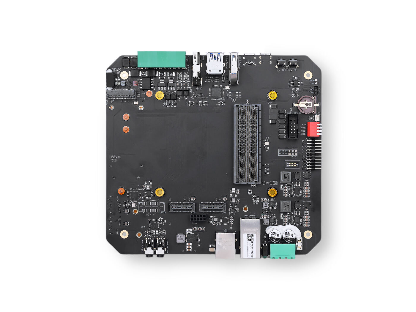 Jetson AGX Orin carrier board features 10GbE, USB 3.1, M.2, SATA III, HDMI 2.1, and 12–36V DC input for high-performance embedded applications.