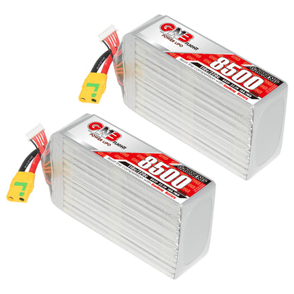 Two GNB 8500mAh LiPo battery packs shown side by side with yellow XT90-style connectors