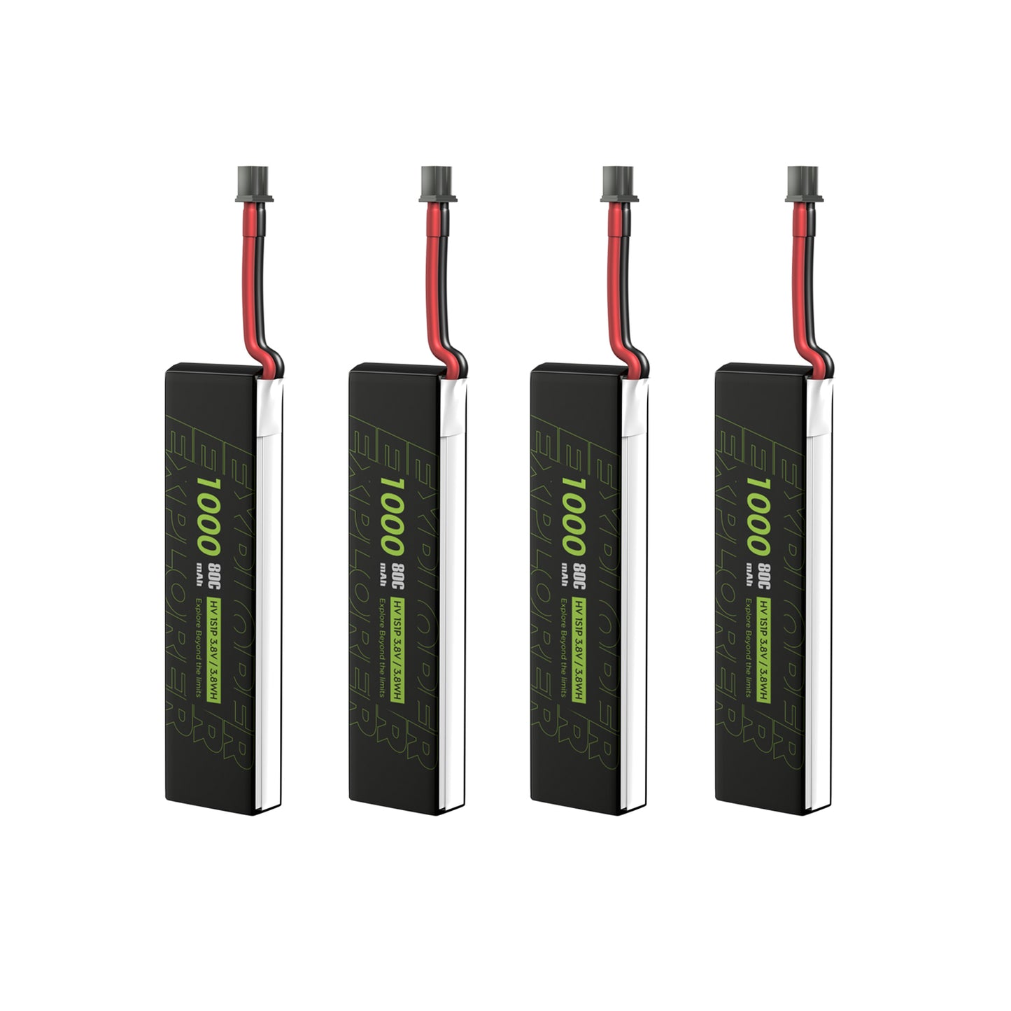4PCS Explorer 1S 1000mAh 80C LiHV V2 Battery, Four Explorer 1S 1000mAh 80C HV LiPo batteries with red/black leads and small plug connectors