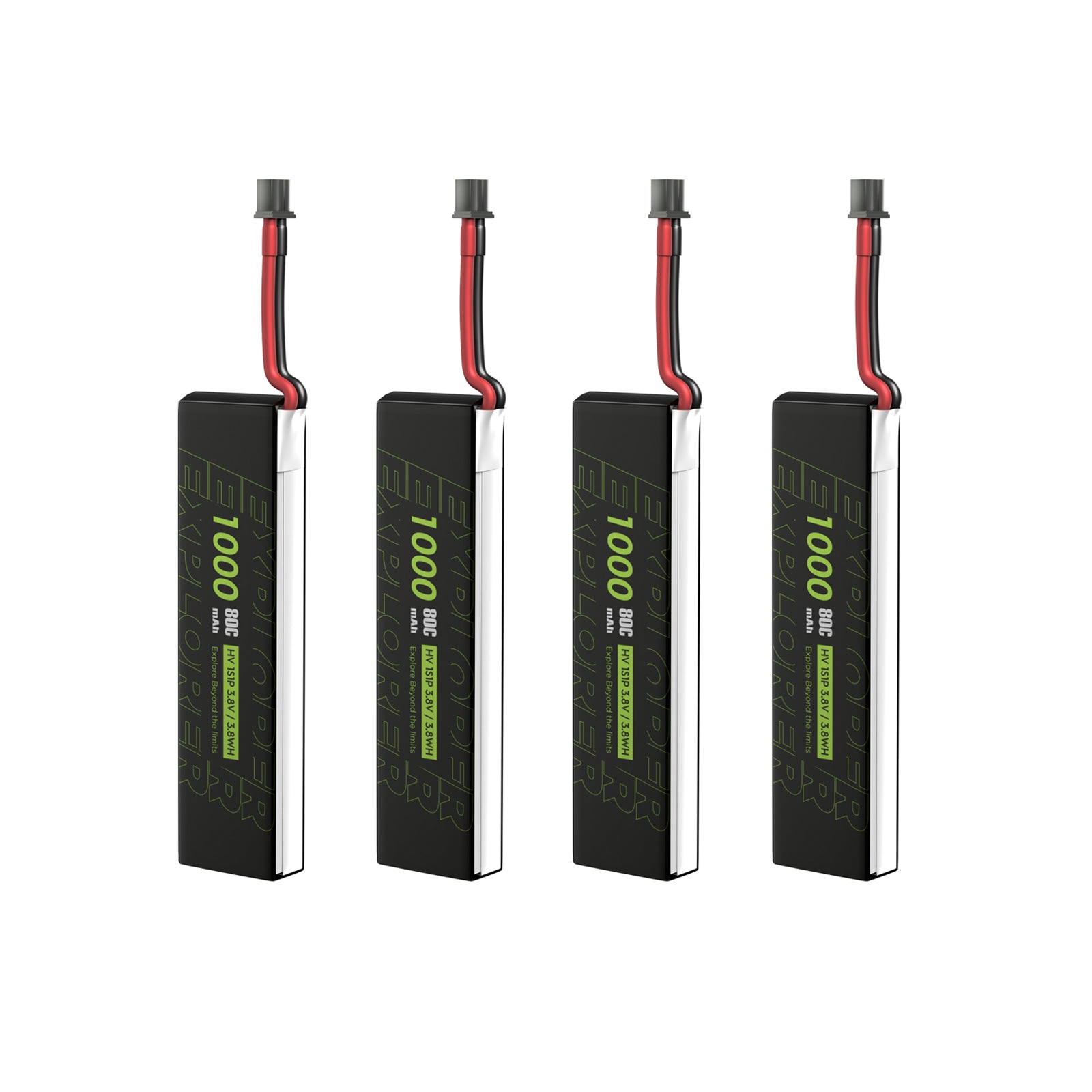 4PCS Explorer 1S 1000mAh 80C LiHV V2 Battery, Four Explorer 1S 1000mAh 80C HV LiPo batteries with red/black leads and small plug connectors
