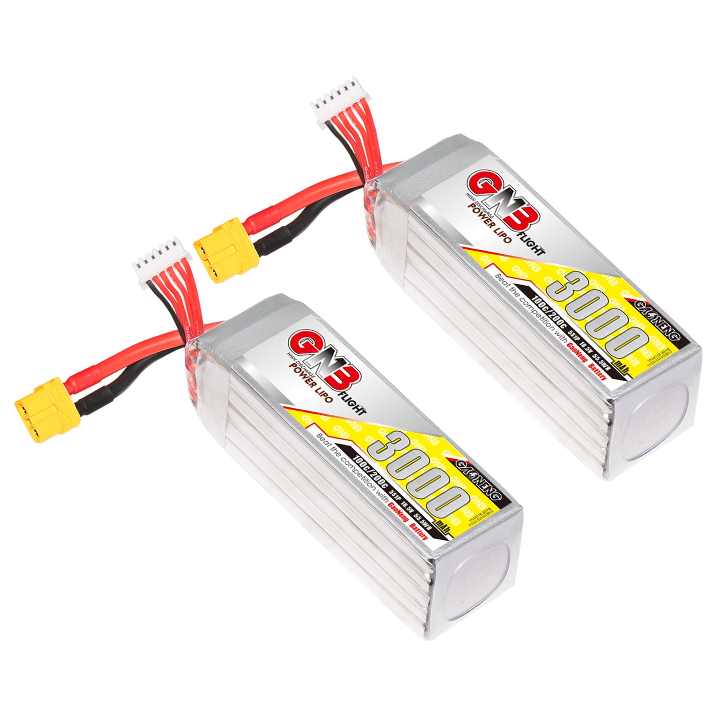Two GNB 3000mAh LiPo batteries shown with XT60 power leads and white balance connectors