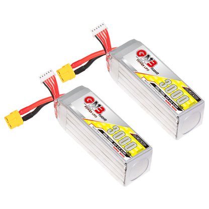Two GNB 3000mAh LiPo batteries shown with XT60 power leads and white balance connectors