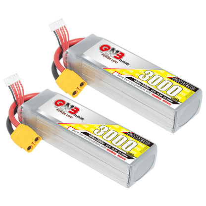 Two GNB 5S 3000mAh 100C LiPo batteries with XT90 connectors shown side by side