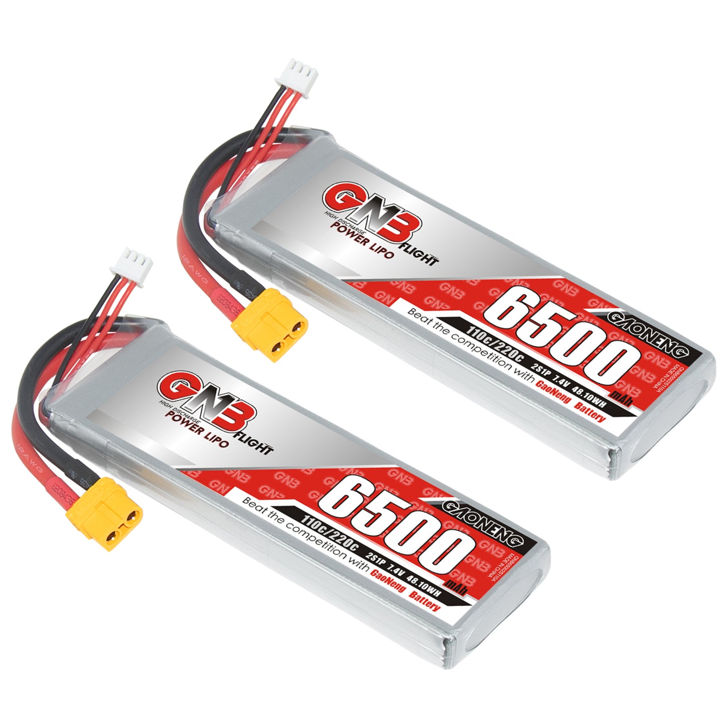 Two GAONENG 6500mAh 2S 7.4V 110C LiPo batteries shown with XT60 connectors and balance leads