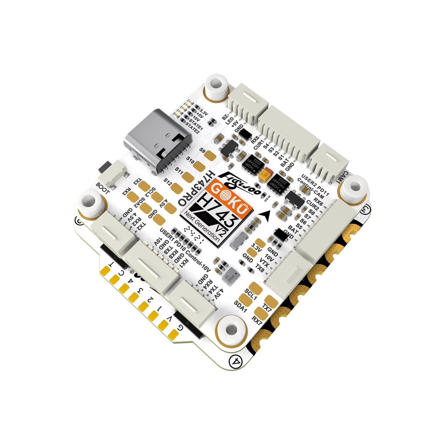 Flywoo GOKU H743 Pro V2 flight controller board with USB-C port, plug connectors, and 30x30 mounting holes
