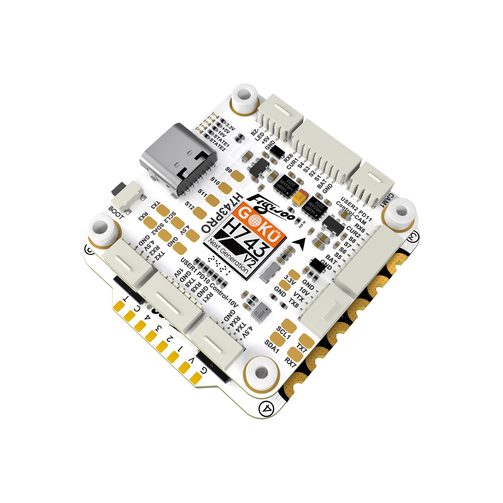 Flywoo GOKU H743 Pro V2 flight controller board with USB-C port, plug connectors, and 30x30 mounting holes