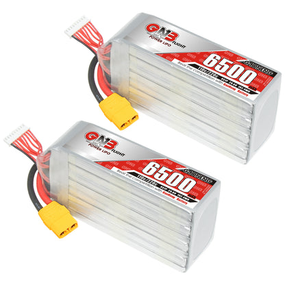 Two GNB 6500mAh LiPo battery packs shown together with XT90 connectors and balance leads