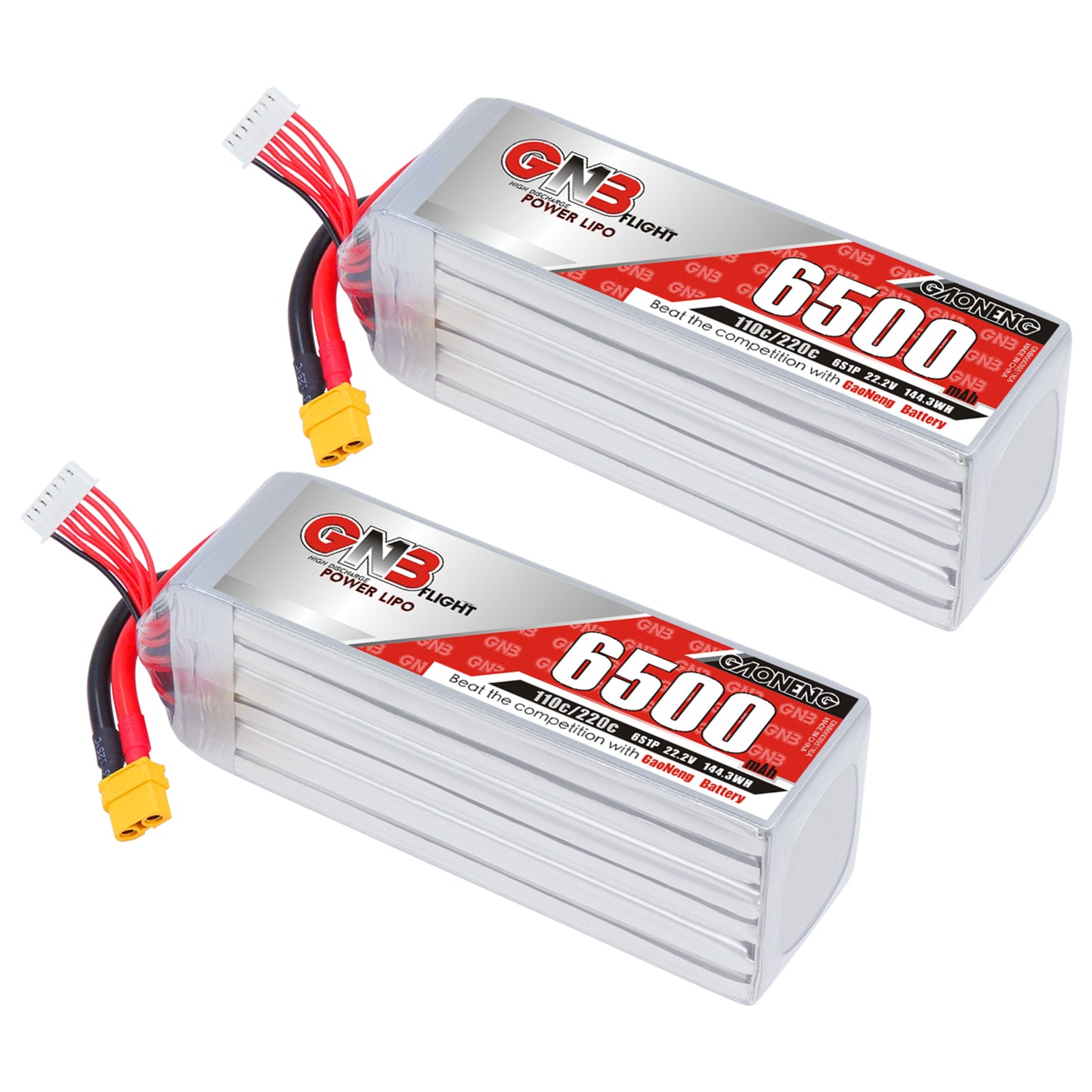 Two GNB 6500mAh LiPo battery packs shown together with yellow XT60 plugs and white balance leads