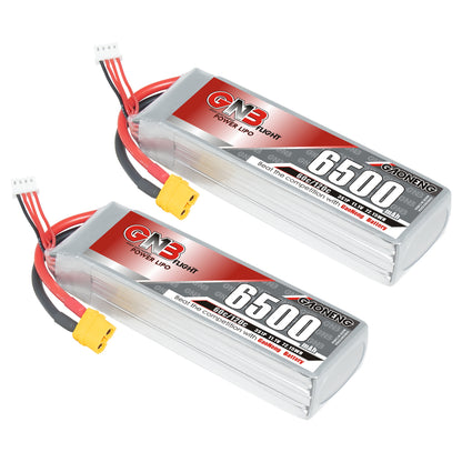 Pair of GNB 6500mAh LiPo batteries with XT60 connector and 3S balance leads, angled top view