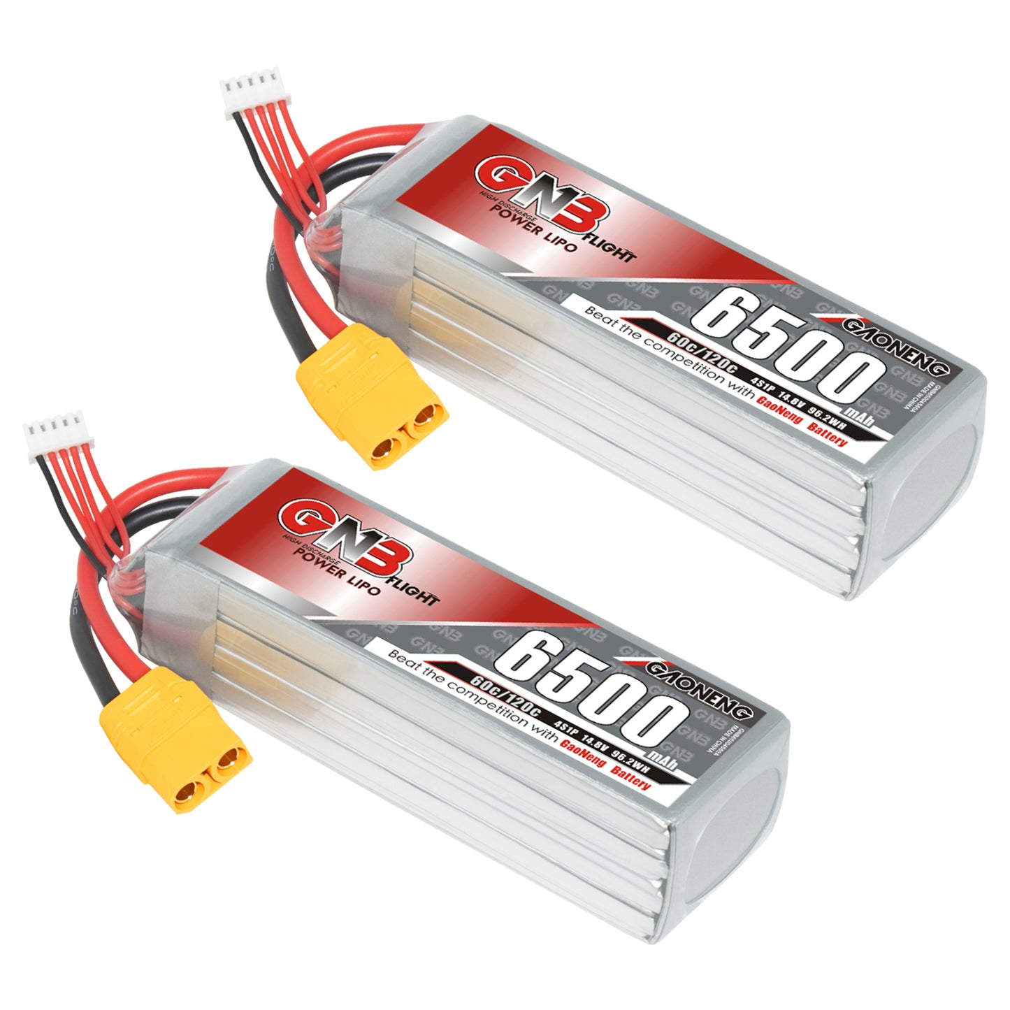 Two GNB 6500mAh LiPo packs shown together, both with balance leads and yellow main connectors
