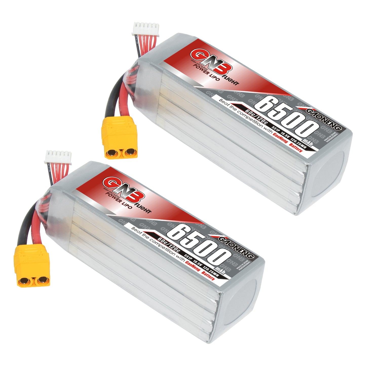 Two GNB 6500mAh 5S LiPo batteries shown with XT90 power connectors and balance leads