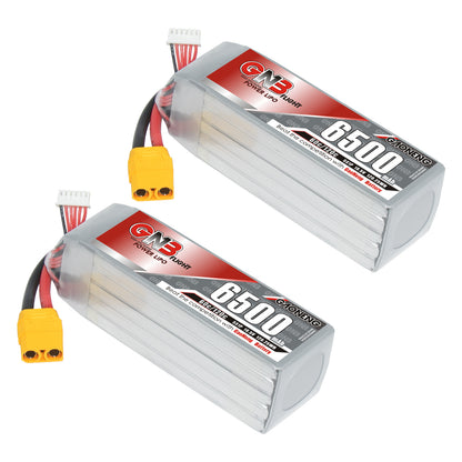 Two GNB 6500mAh 5S LiPo batteries shown with XT90 power connectors and balance leads