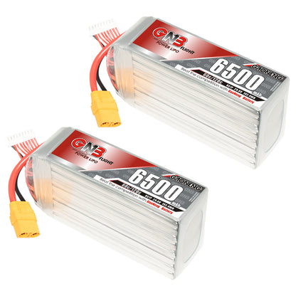 Two GAONENG GNB 6500mAh LiPo batteries shown at an angle with XT90 connectors and balance plugs
