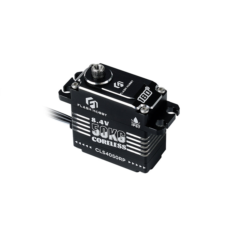 Flashhobby CLS4050RP coreless digital servo with metal spline output shaft, labeled 8.4V 50KG and IP67
