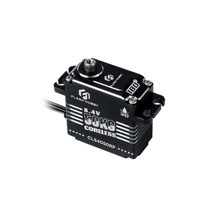 Flashhobby CLS4050RP coreless digital servo with metal spline output shaft, labeled 8.4V 50KG and IP67