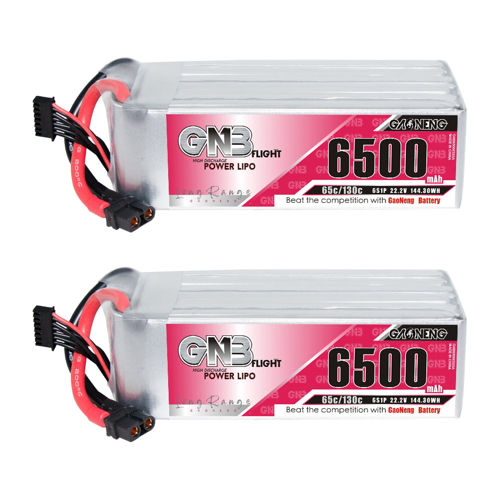Two GAONENG GNB 6500mAh LiPo packs shown side by side, label and wiring visible