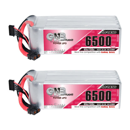 Two GAONENG GNB 6500mAh LiPo packs shown side by side, label and wiring visible