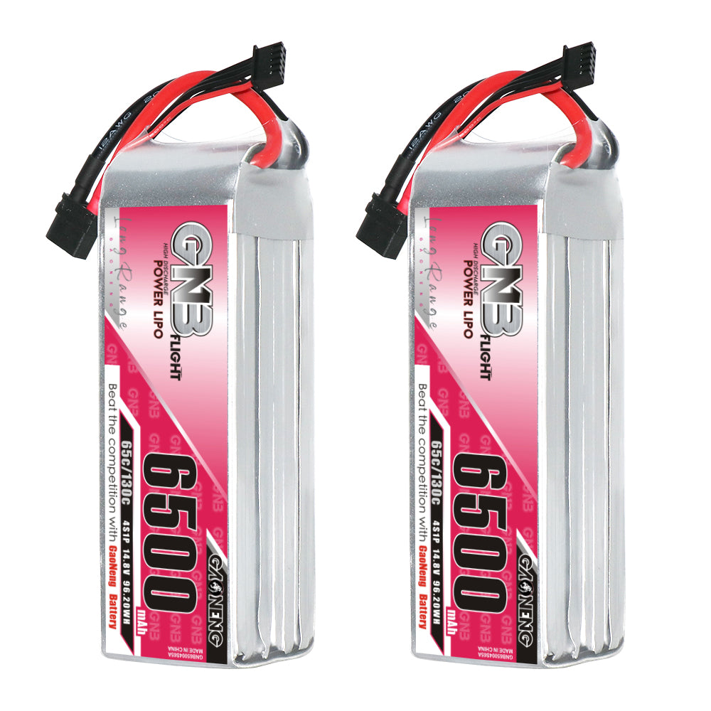 Two GNB 6500mAh LiPo packs shown upright, front label view with leads and balance plugs