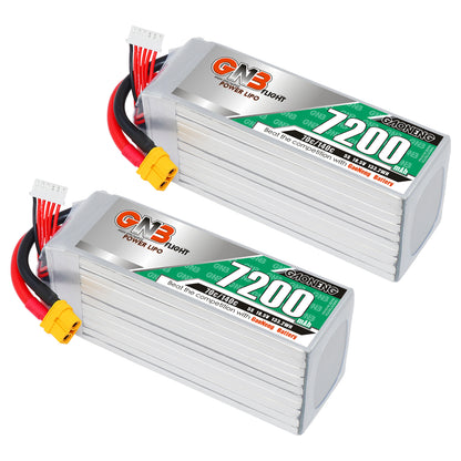 Two GNB 7200mAh LiPo packs shown with XT60 connectors and white balance plugs
