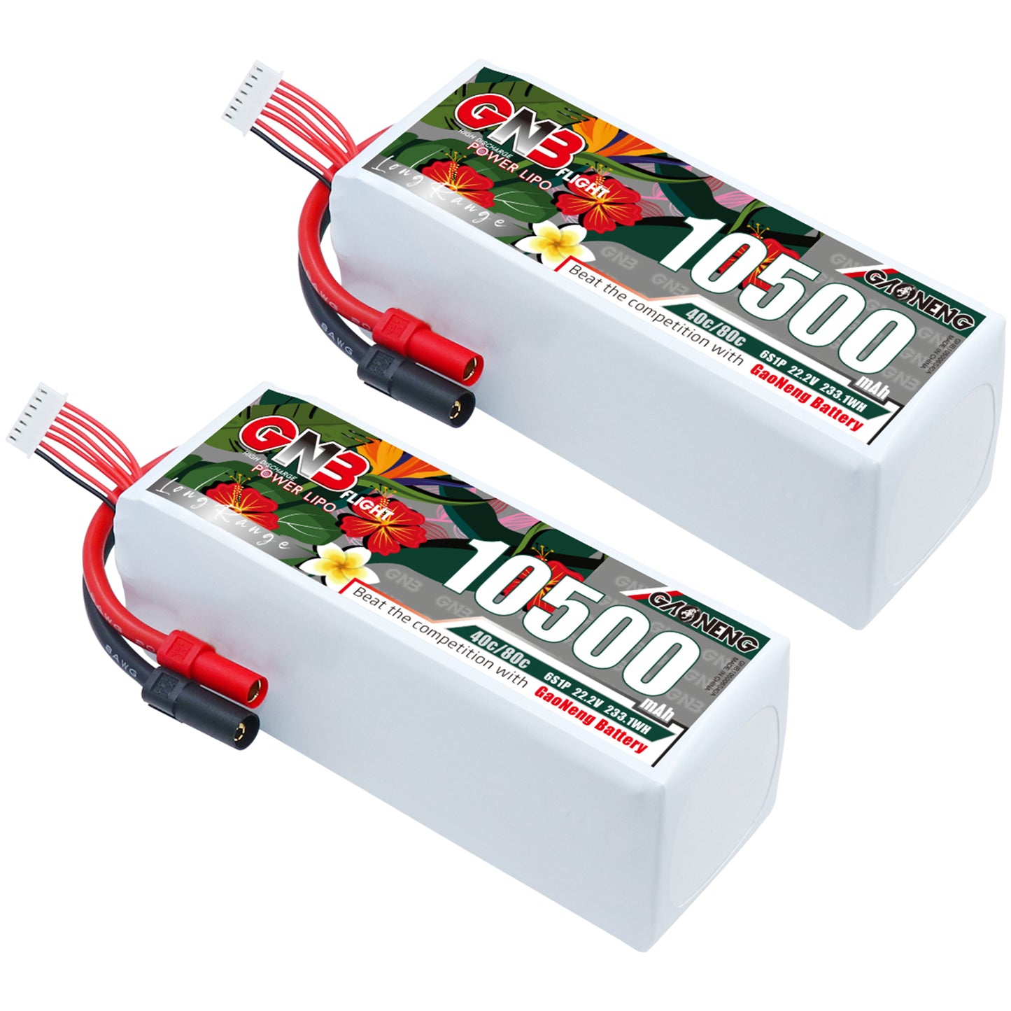 Two GAONENG GNB 10500mAh 6S LiPo batteries shown together with XT150 connector leads
