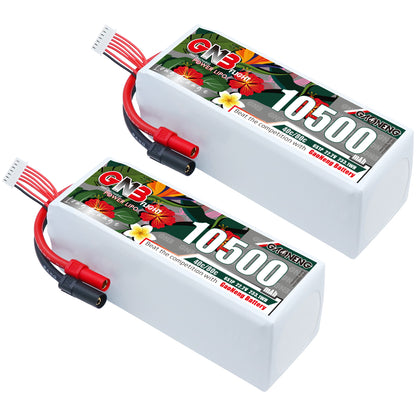 Two GAONENG GNB 10500mAh 6S LiPo batteries shown together with XT150 connector leads