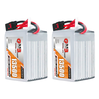 Two-pack of GAONENG GNB 13500mAh HV LiPo batteries shown upright with QS8 connectors