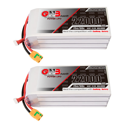 Two GAONENG GNB 22000mAh 6S LiPo battery packs shown stacked, XT90S connector and balance lead visible