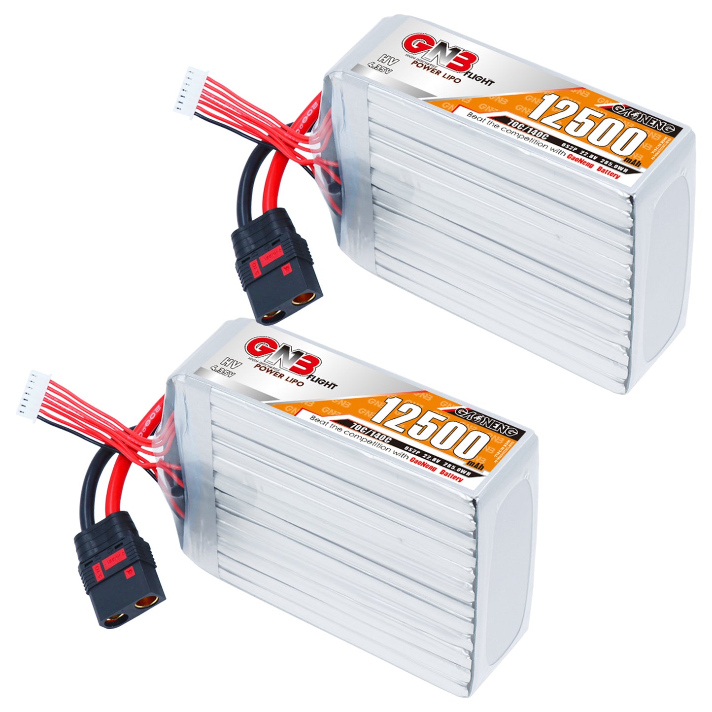 Two-pack view of GNB 12500mAh HV LiPo batteries with QS8 connectors and balance leads