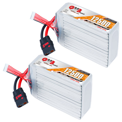 Two-pack view of GNB 12500mAh HV LiPo batteries with QS8 connectors and balance leads