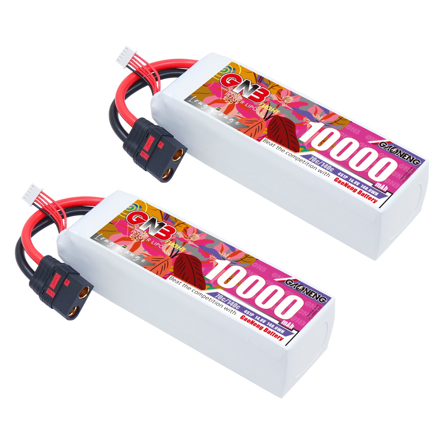 Two GAONENG GNB 4S 10000mAh LiPo battery packs with QS8 connectors, set view